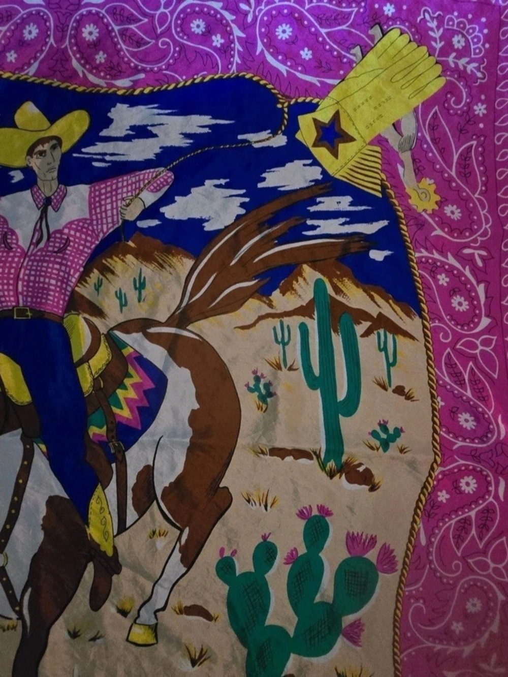 Vintage Bob Mackie Wearable Art Bronco Billy Western Silk Scarf Pink & Blue - Picture 7 of 9